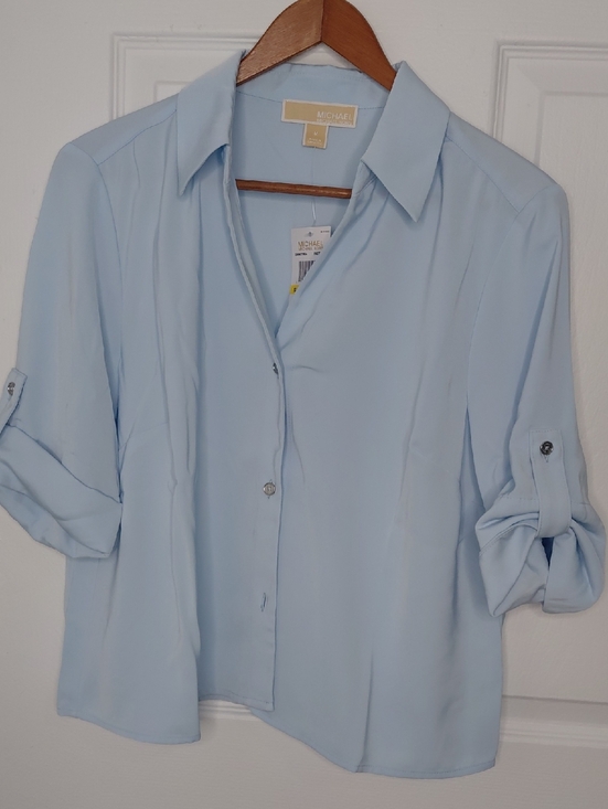 Michael Kors Tops - Michael Kors Pale Blue Button-Front Blouse with Roll Tabs